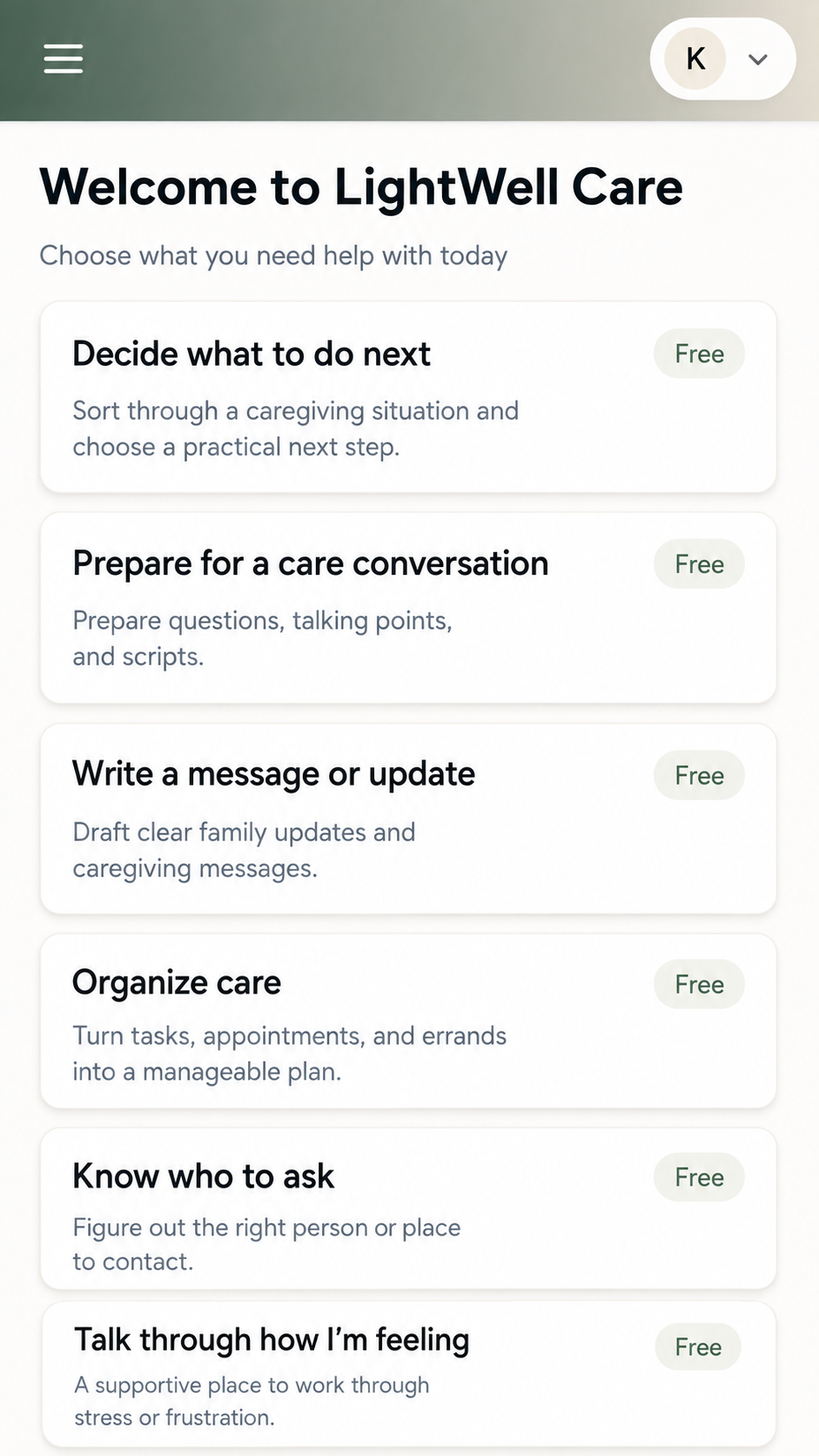 LightWell Care menu on a phone listing caregiver options: decide what to do next, prepare for a care conversation, write a message or update, organize care, know who to ask, and talk through how I am feeling
