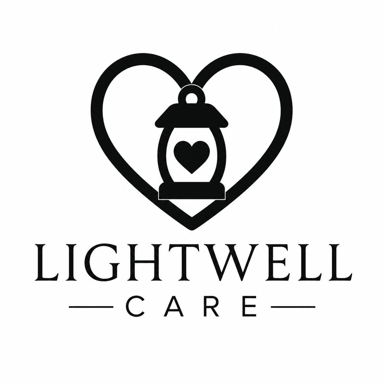 LightWell Care stacked monochrome black logo with heart and lantern mark