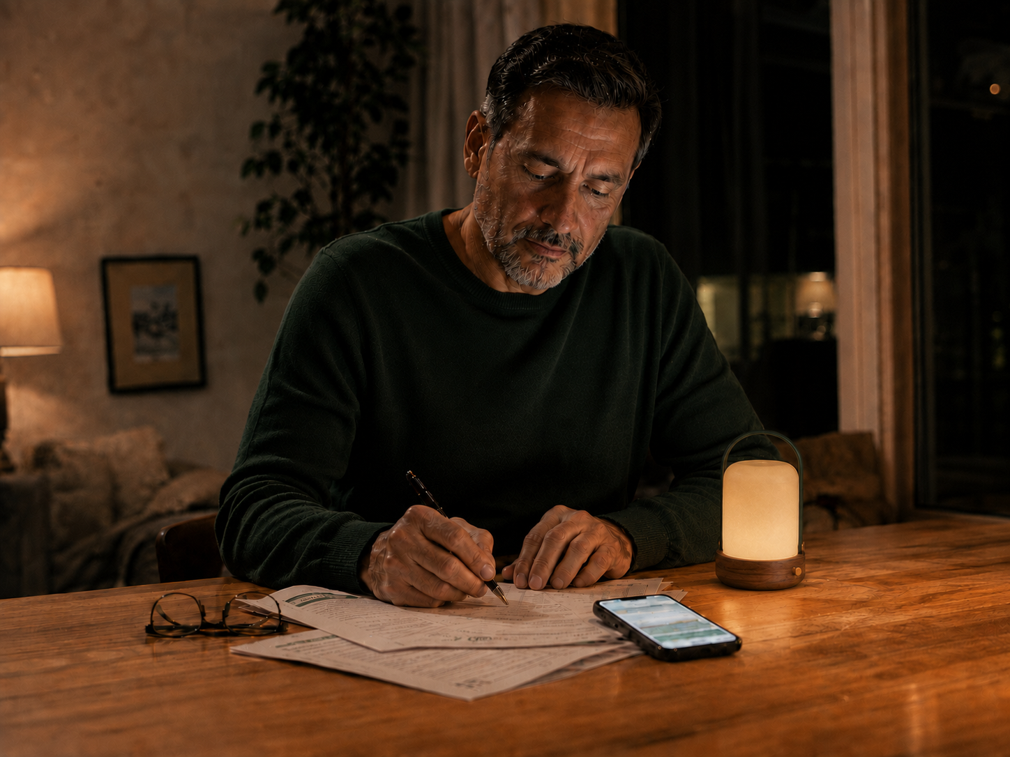 A family caregiver reviewing care paperwork at his kitchen table in the evening, with his phone and a lit lantern beside him