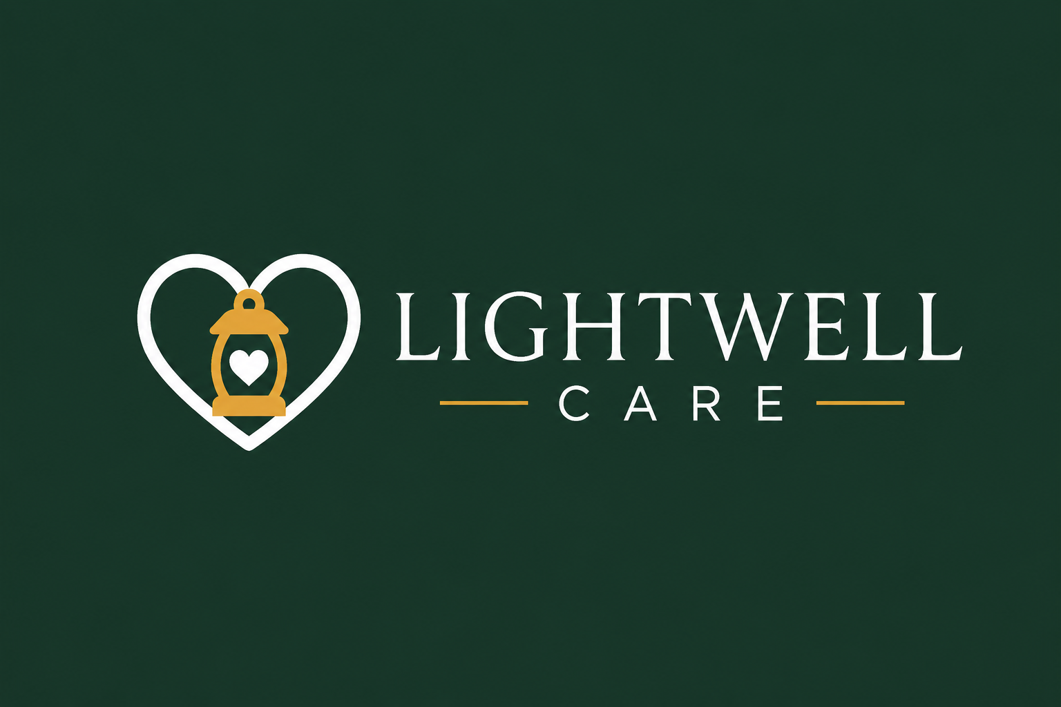LightWell Care horizontal white and gold logo for dark backgrounds