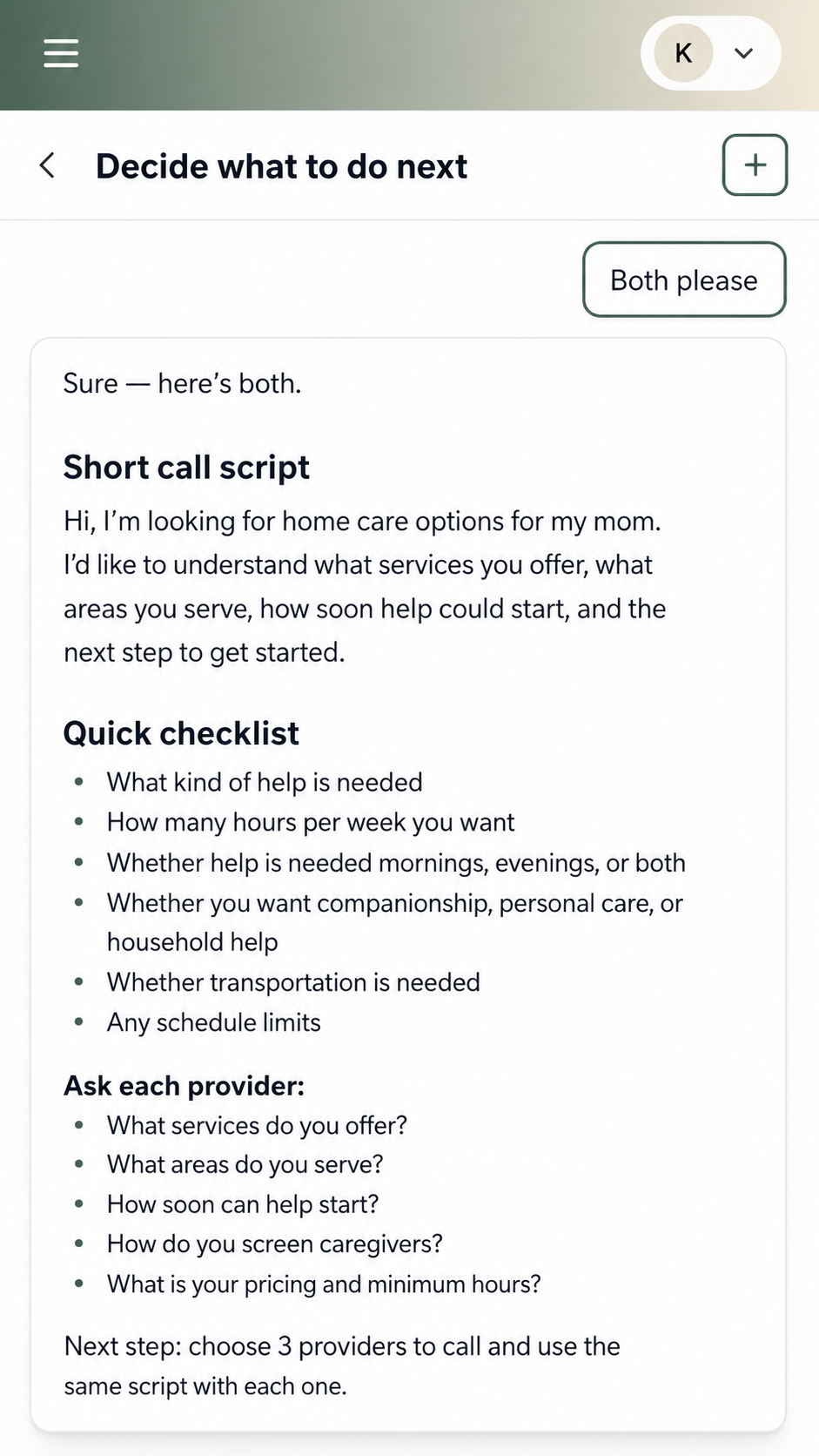 LightWell Care returns a short call script and a checklist of questions to ask home-care agencies, with a clear next step